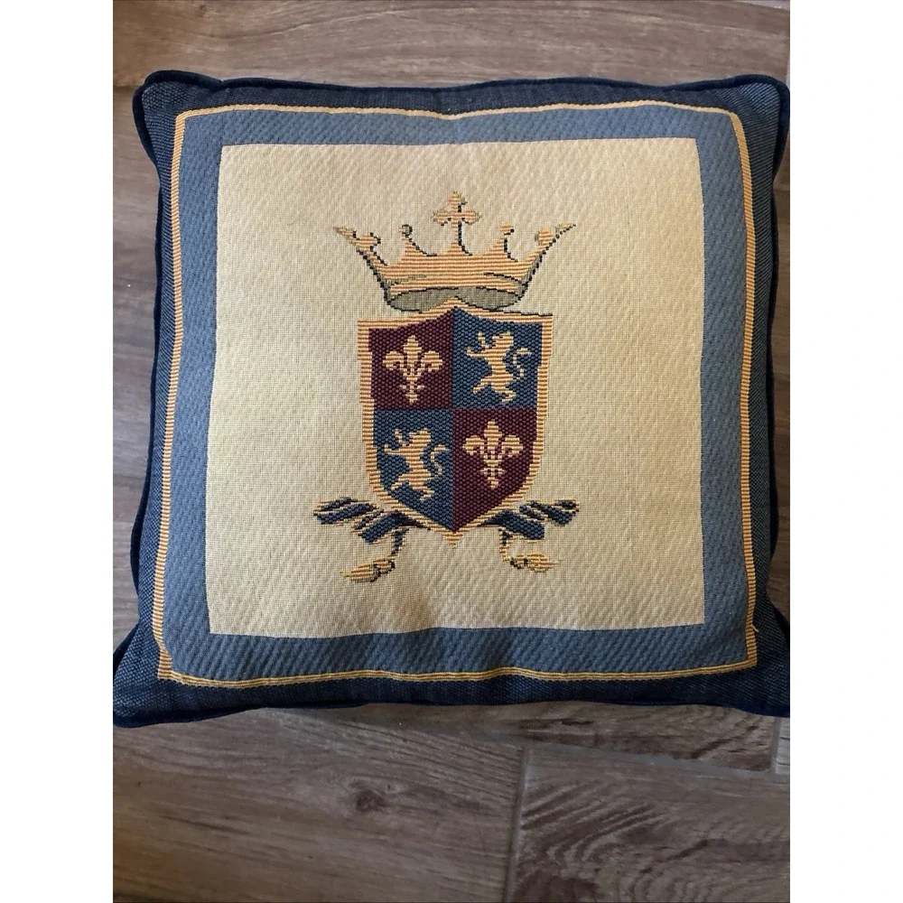 Vintage French Crown Fleur De Lys Lions Tapestry‎ w/ Blue Velvet Back 18